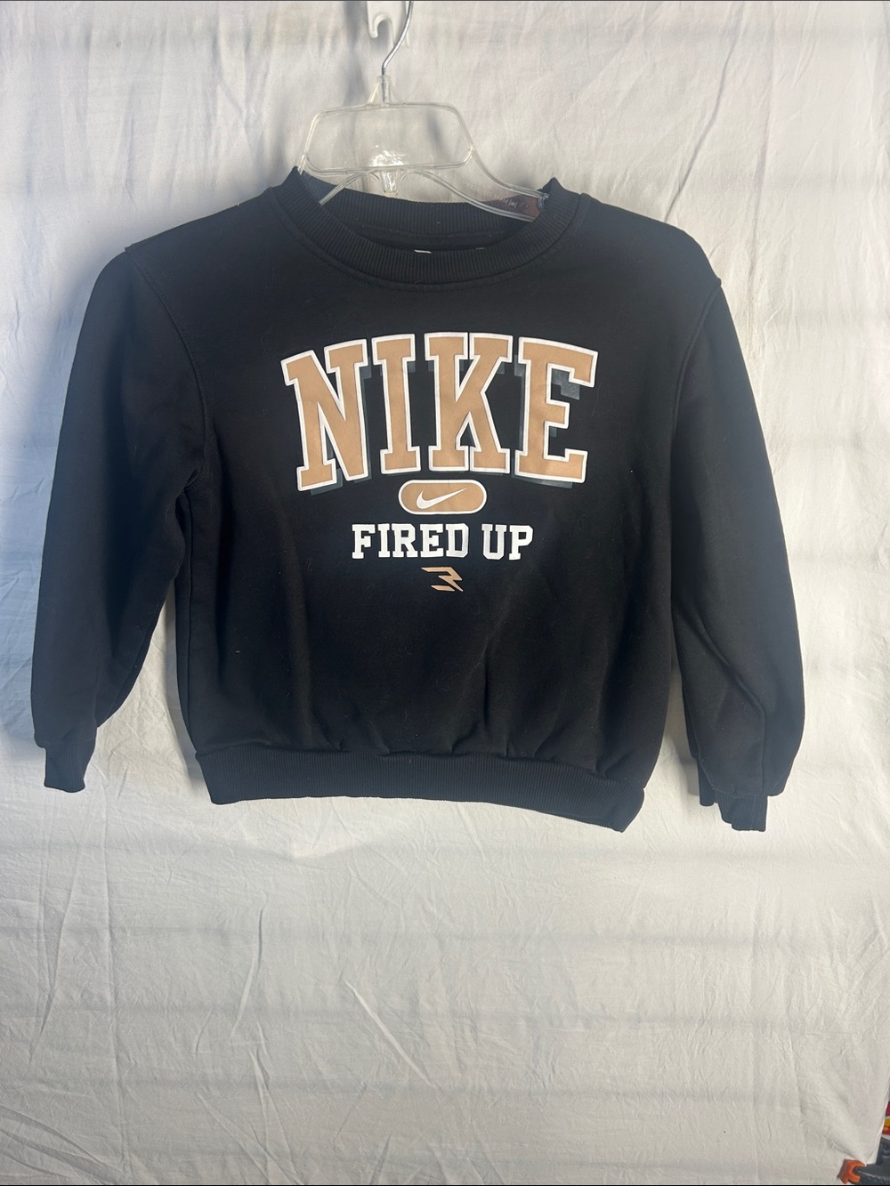 Nike Black Crewneck Sweatshirt with Tan 'NIKE Fired Up' Graphic